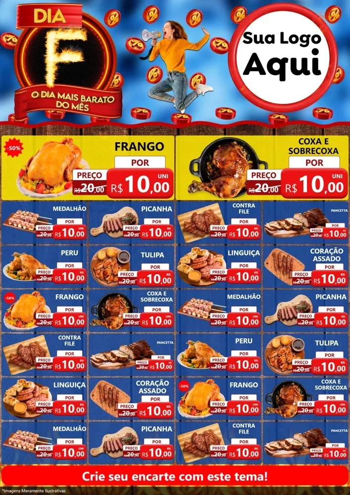 Modelo de Encarte para Encarte A4 Vertical com o tema Dia F - O Dia Mais Barato Do Mês para Assados