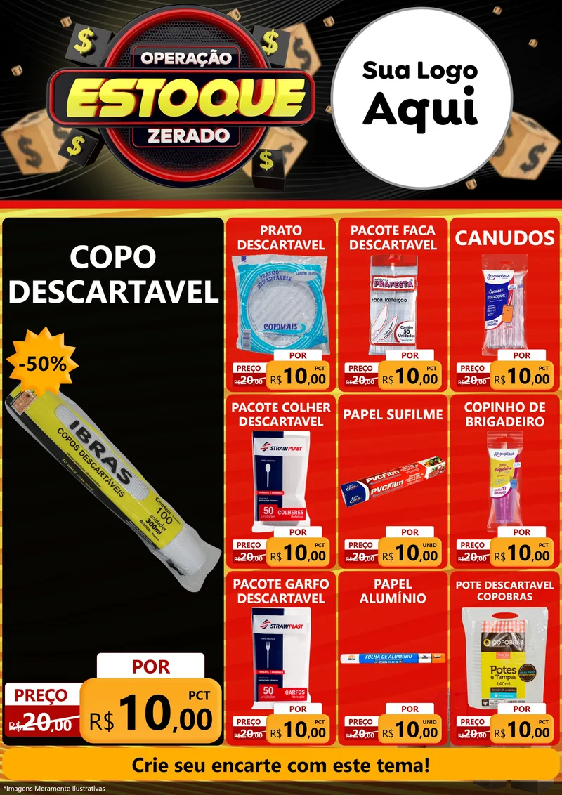Modelo de Encarte para Encarte A4 Vertical com o tema Operação Estoque Zerado para Embalagens
