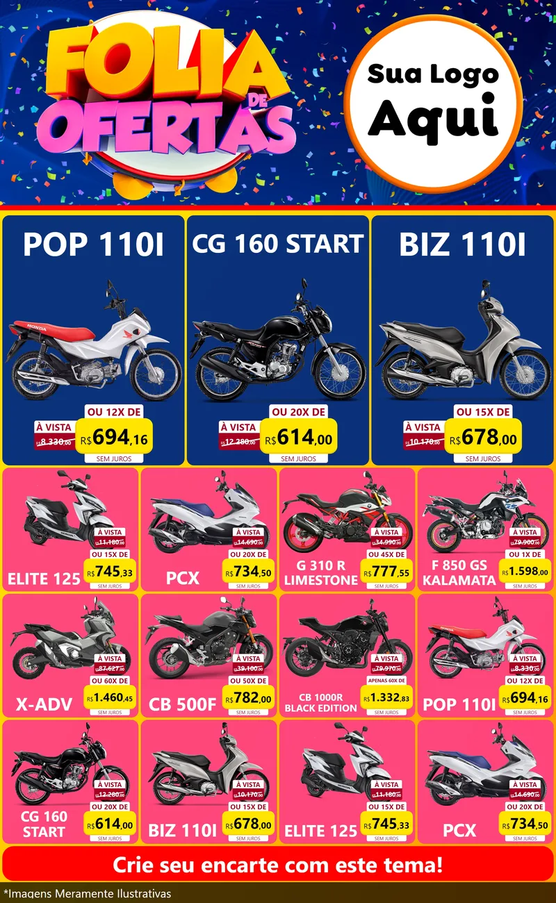 Modelo de Encarte para Encarte Grande com o tema Folia de Ofertas para Concessionaria de Motos