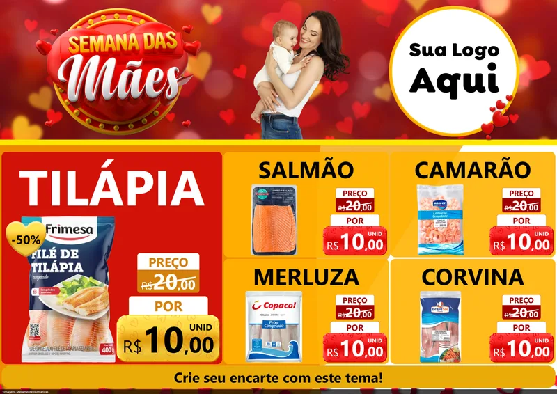 Modelo de Encarte para Encarte A4 Horizontal com o tema Semana das Mães para Peixaria