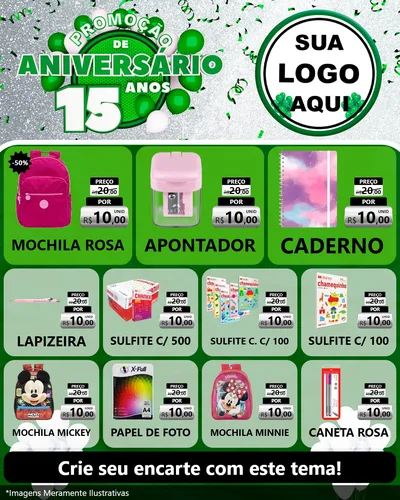 Modelo de Rede Social para Feed Instagram com o tema Promoção de Aniversário - 15 Anos para Papelaria
