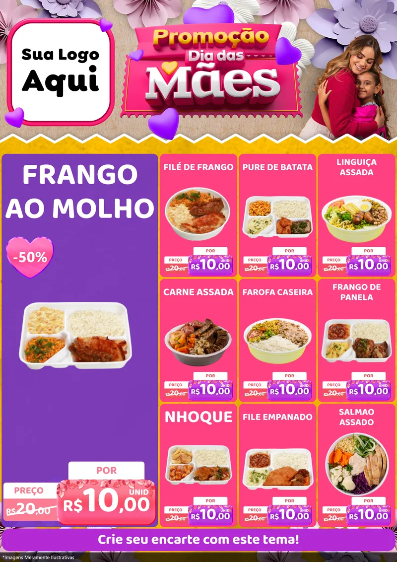 Modelo de Encarte para Encarte A4 Vertical com o tema Promoção Dia das Mães para Restaurante