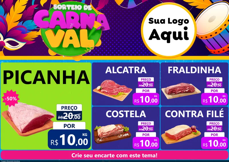 Modelo de Encarte para Encarte A4 Horizontal com o tema Sorteio de Carnaval para Açougue