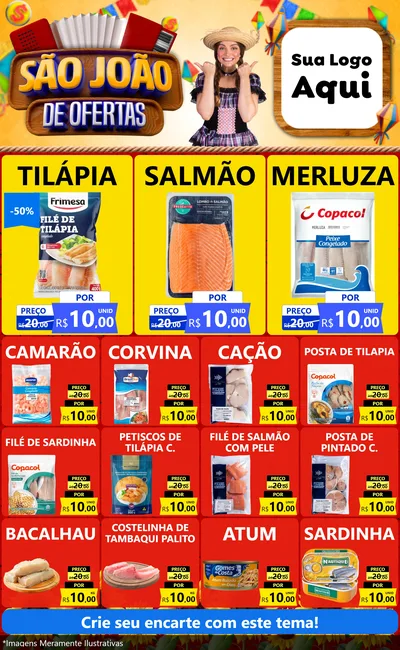 Modelo de Encarte para Encarte Grande com o tema São João de Ofertas para Peixaria