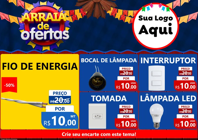 Modelo de Encarte para Encarte A4 Horizontal com o tema Arraiá de Ofertas para Materiais Elétricos