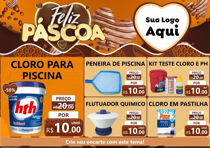 Modelo de Encarte para Encarte A4 Horizontal com o tema Feliz Páscoa para Produtos para Piscina
