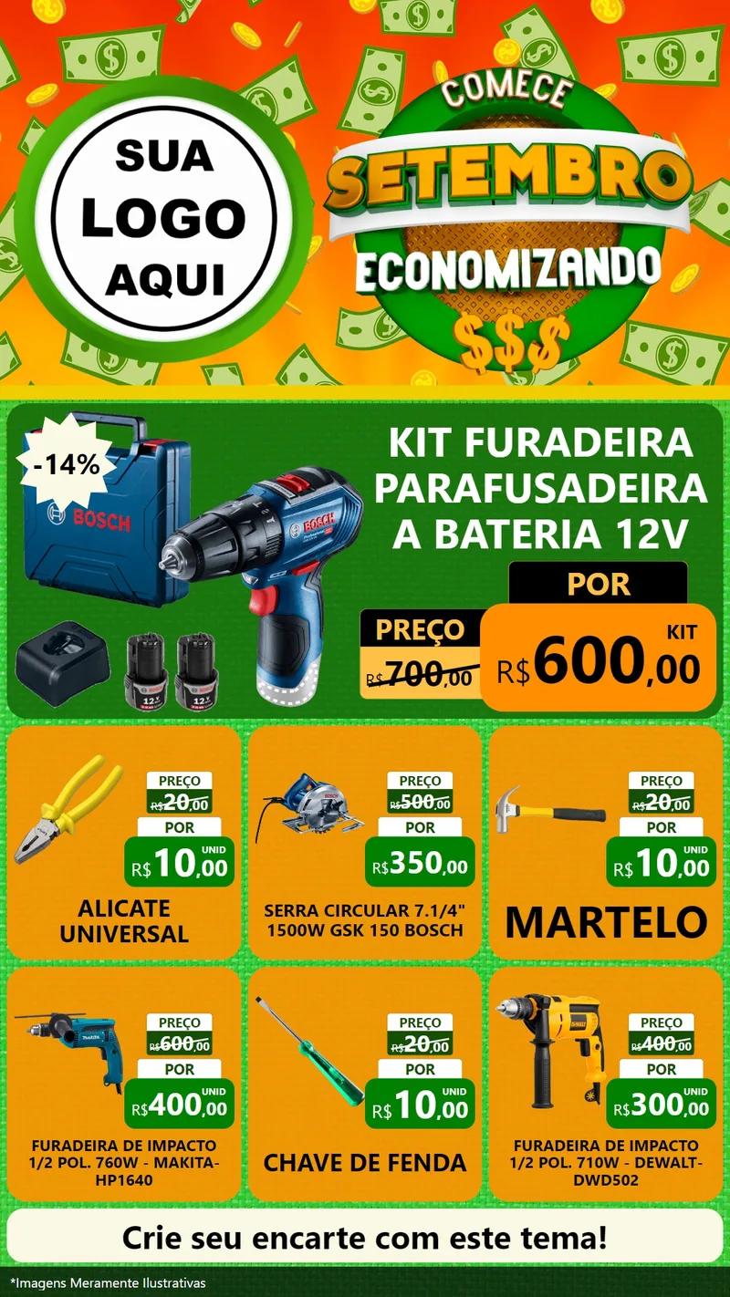 Modelo de Rede Social para Stories com o tema Comece Setembro Economizando para Maquinas e Ferramentas