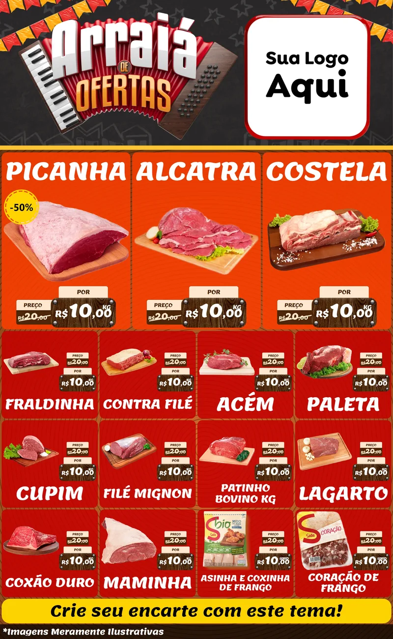 Modelo de Encarte para Encarte Grande com o tema Arraiá de Ofertas - Junina para Açougue