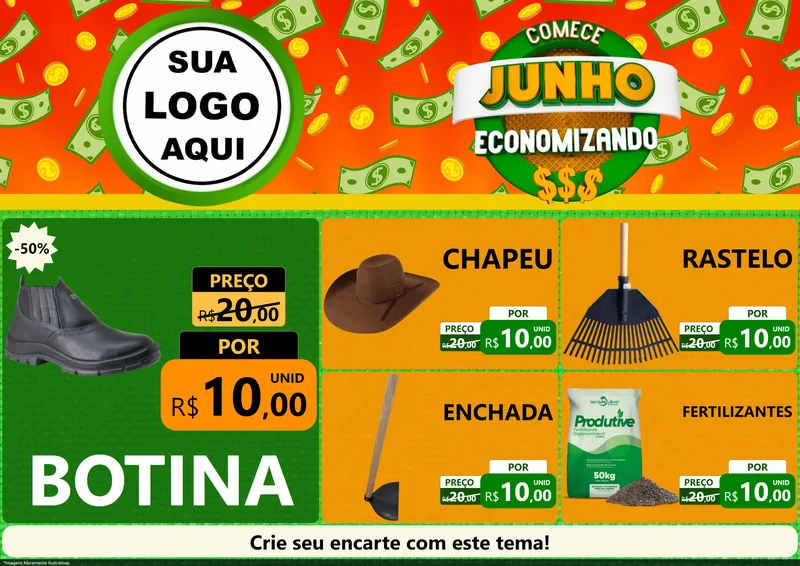 Modelo de Encarte para Encarte A4 Horizontal com o tema Comece Junho Economizando para Agropecuária