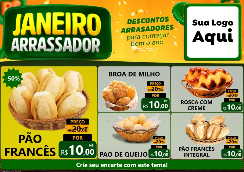 Modelo de Encarte para Encarte A4 Horizontal com o tema Janeiro Arrasador para Padaria