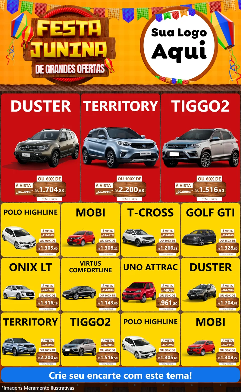 Modelo de Encarte para Encarte Grande com o tema Festa Junina de Grandes Ofertas para Concessionaria de Carros