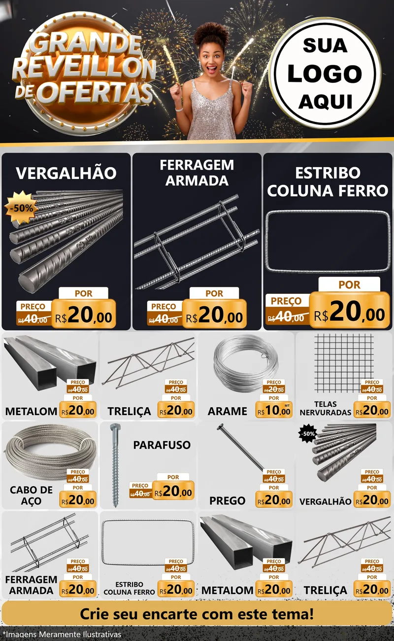 Modelo de Encarte para Encarte Grande com o tema Grande Réveillon de Ofertas para Ferragens