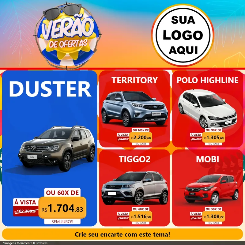 Modelo de Rede Social para Feed Facebook com o tema Verão de Ofertas para Concessionaria de Carros