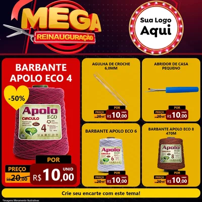 Modelo de Rede Social para Feed Facebook com o tema Mega Reinauguração para Armarinho e Aviamentos