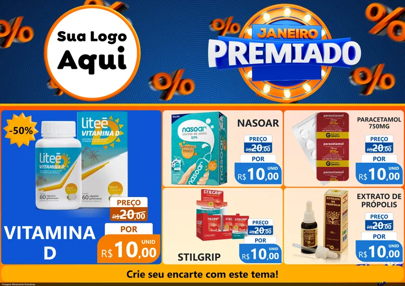 Modelo de Encarte para Encarte A4 Horizontal com o tema Janeiro Premiado para Farmácia