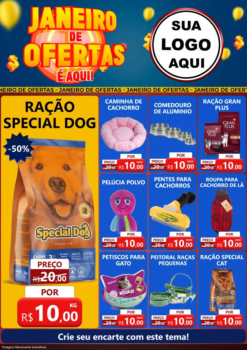 Modelo de Encarte para Encarte A4 Vertical com o tema Janeiro de Ofertas É Aqui! para Pet Shop