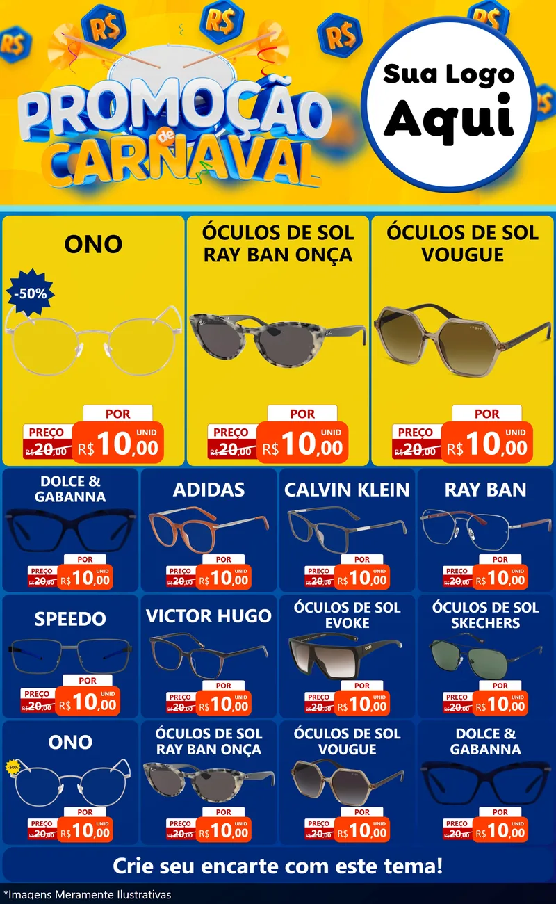 Modelo de Encarte para Encarte Grande com o tema Promoção de Carnaval para Óticas
