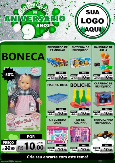 Modelo de Encarte para Encarte A4 Vertical com o tema Promoção de Aniversário - 9 Anos para Brinquedos