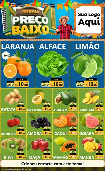 Modelo de Encarte para Encarte Grande com o tema Arraiá de Preço Baixo - Junina para Hortifrúti