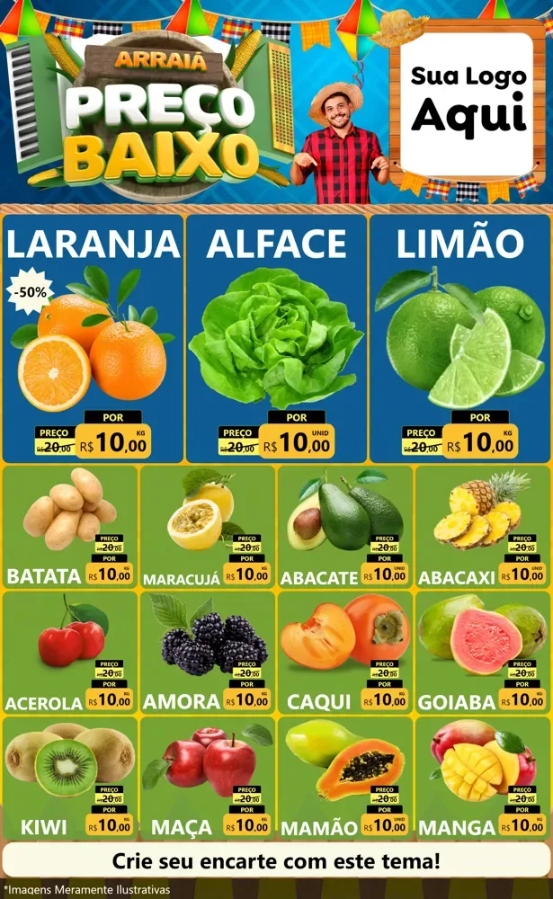 Modelo de Encarte para Encarte Grande com o tema Arraiá de Preço Baixo - Junina para Hortifrúti