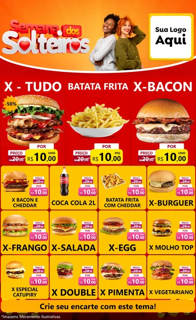 Modelo de Encarte para Encarte Grande com o tema Semana dos Solteiros para Hamburgueria