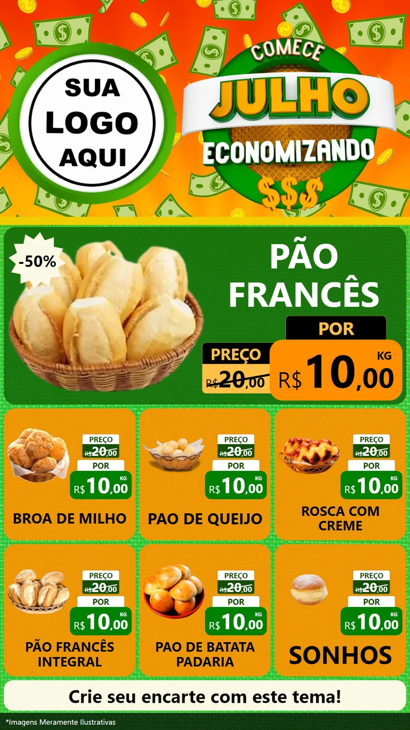 Modelo de Rede Social para Stories com o tema Comece Julho Economizando para Padaria
