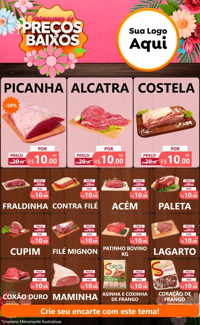 Modelo de Encarte para Encarte Grande com o tema Primavera de Preços Baixos para Açougue