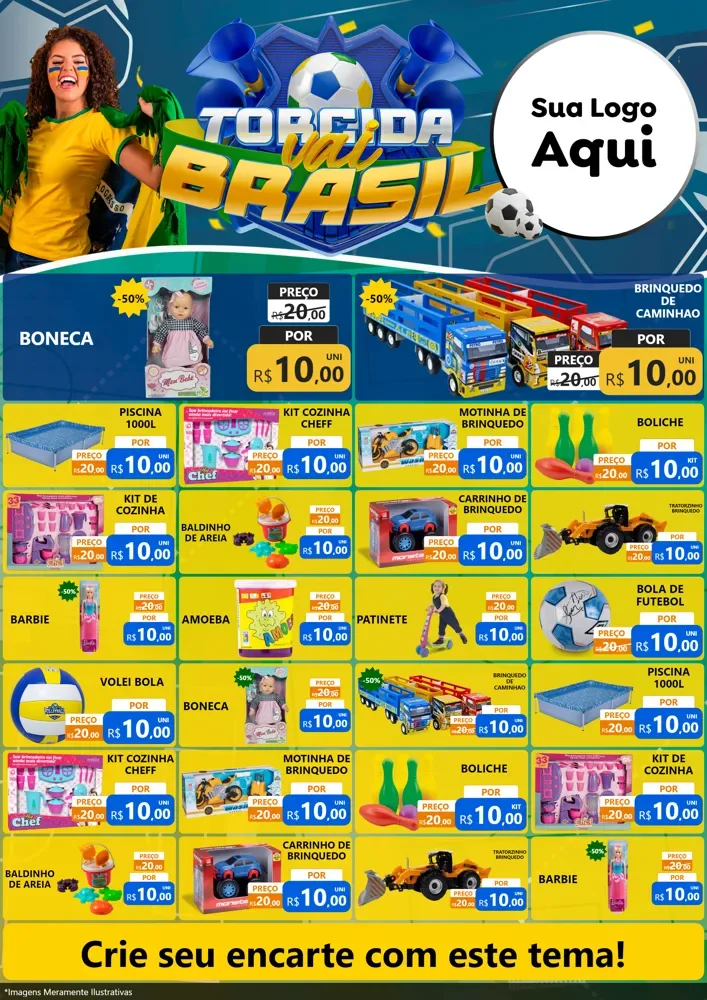 Modelo de Encarte para Encarte A4 Vertical com o tema Torcida Vai Brasil - Copa para Brinquedos