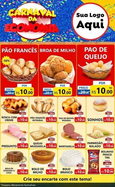 Modelo de Encarte para Encarte Grande com o tema Carnaval da Economia para Padaria