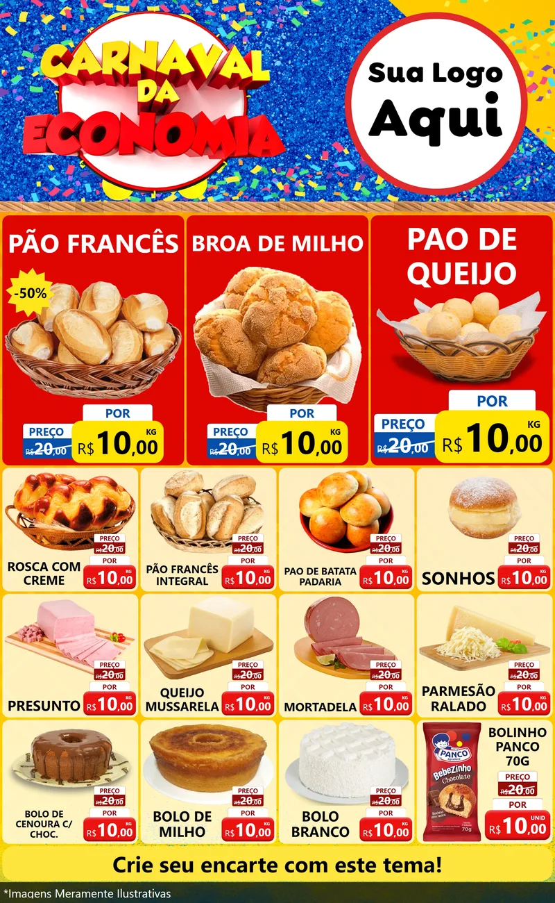 Modelo de Encarte para Encarte Grande com o tema Carnaval da Economia para Padaria