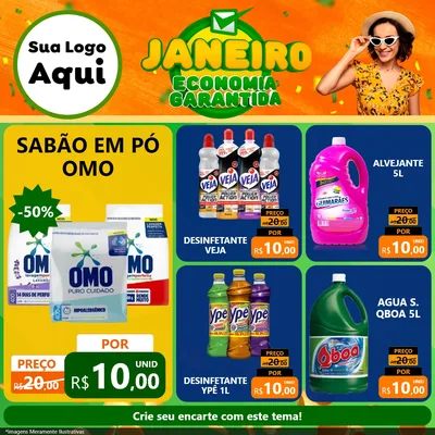Modelo de Rede Social para Feed Facebook com o tema Janeiro - Economia Garantida para Produtos de Limpeza