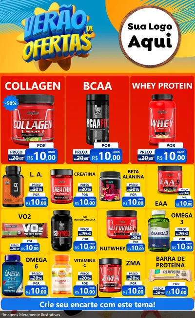 Modelo de Encarte para Encarte Grande com o tema Verão de Ofertas para Suplementos alimentares