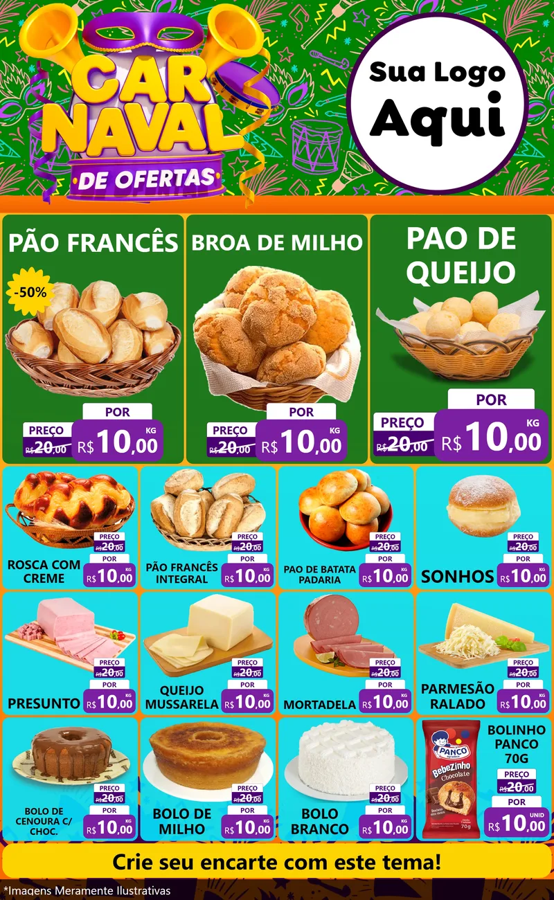 Modelo de Encarte para Encarte Grande com o tema Carnaval de Ofertas para Padaria