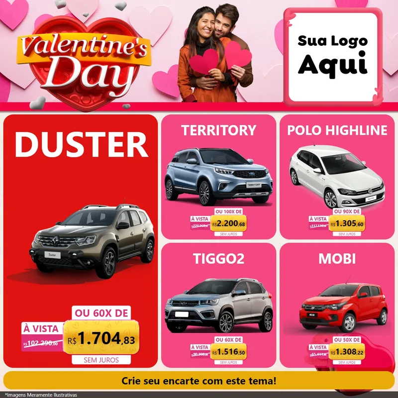 Modelo de Rede Social para Feed Facebook com o tema Valentine's Day para Concessionaria de Carros