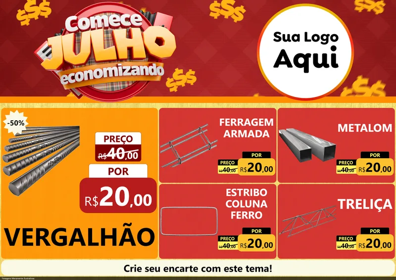 Modelo de Encarte para Encarte A4 Horizontal com o tema Comece Julho Economizando para Ferragens