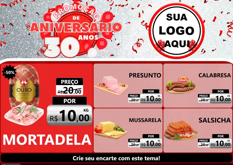 Modelo de Encarte para Encarte A4 Horizontal com o tema Promoção de Aniversário - 30 Anos para Frios e Laticínios