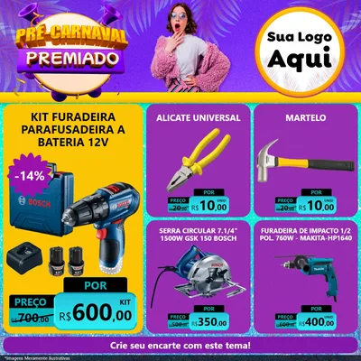 Modelo de Rede Social para Feed Facebook com o tema Pré-Carnaval Premiado para Maquinas e Ferramentas