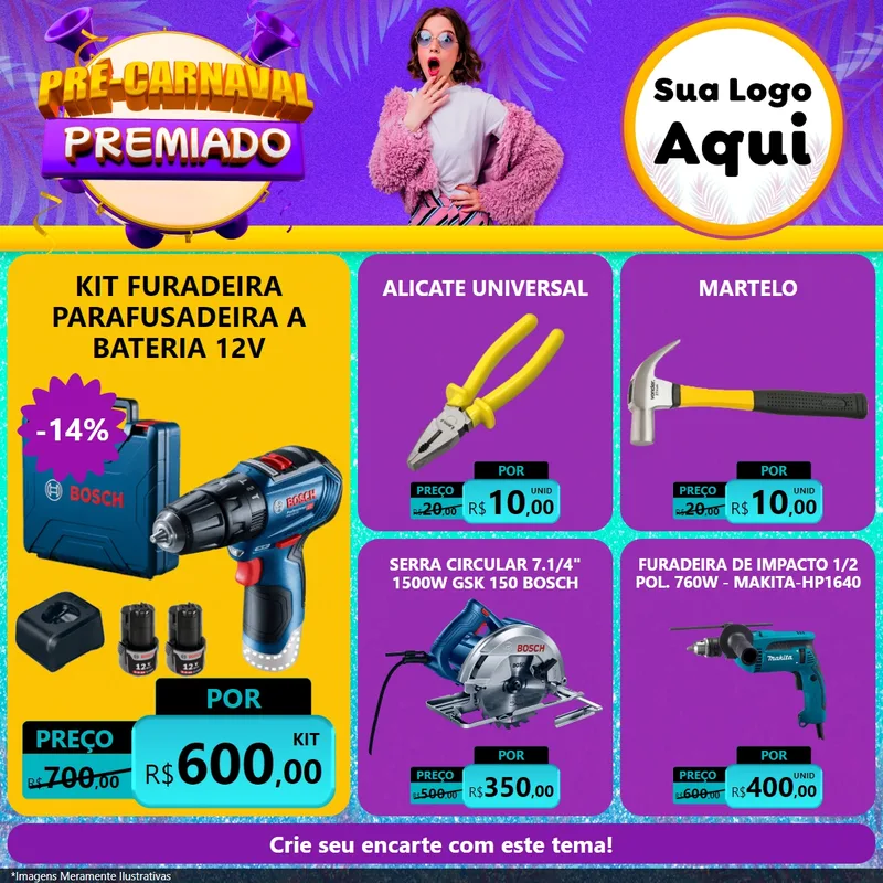 Modelo de Rede Social para Feed Facebook com o tema Pré-Carnaval Premiado para Maquinas e Ferramentas