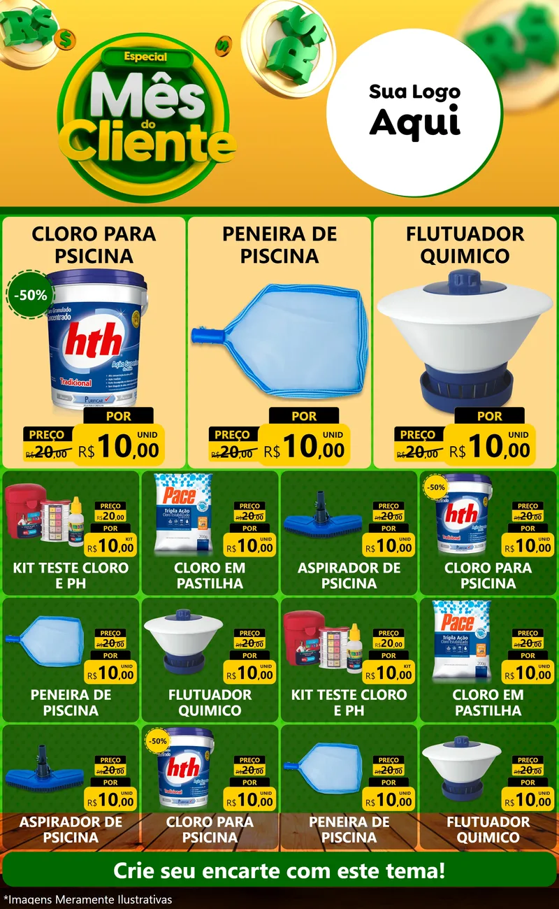 Modelo de Encarte para Encarte Grande com o tema Especial Mês do Cliente para Produtos para Piscina