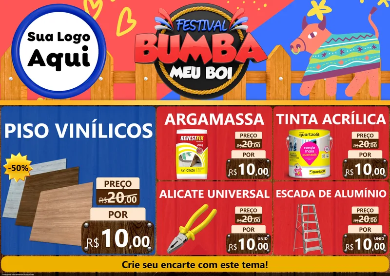 Modelo de Encarte para Encarte A4 Horizontal com o tema Festival Bumba Meu Boi para Material para Construção