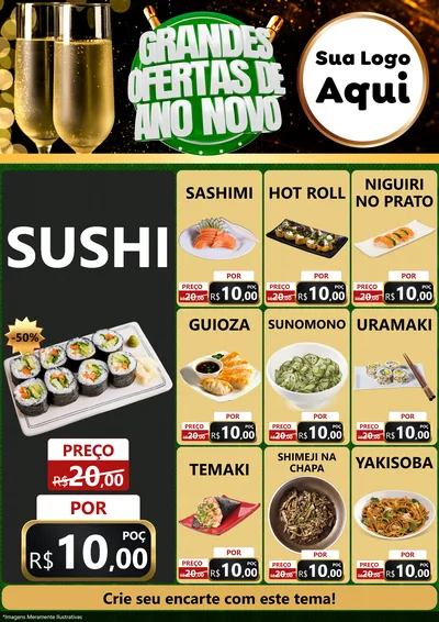 Modelo de Encarte para Encarte A4 Vertical com o tema Grandes Ofertas de Ano Novo para Comida japonesa