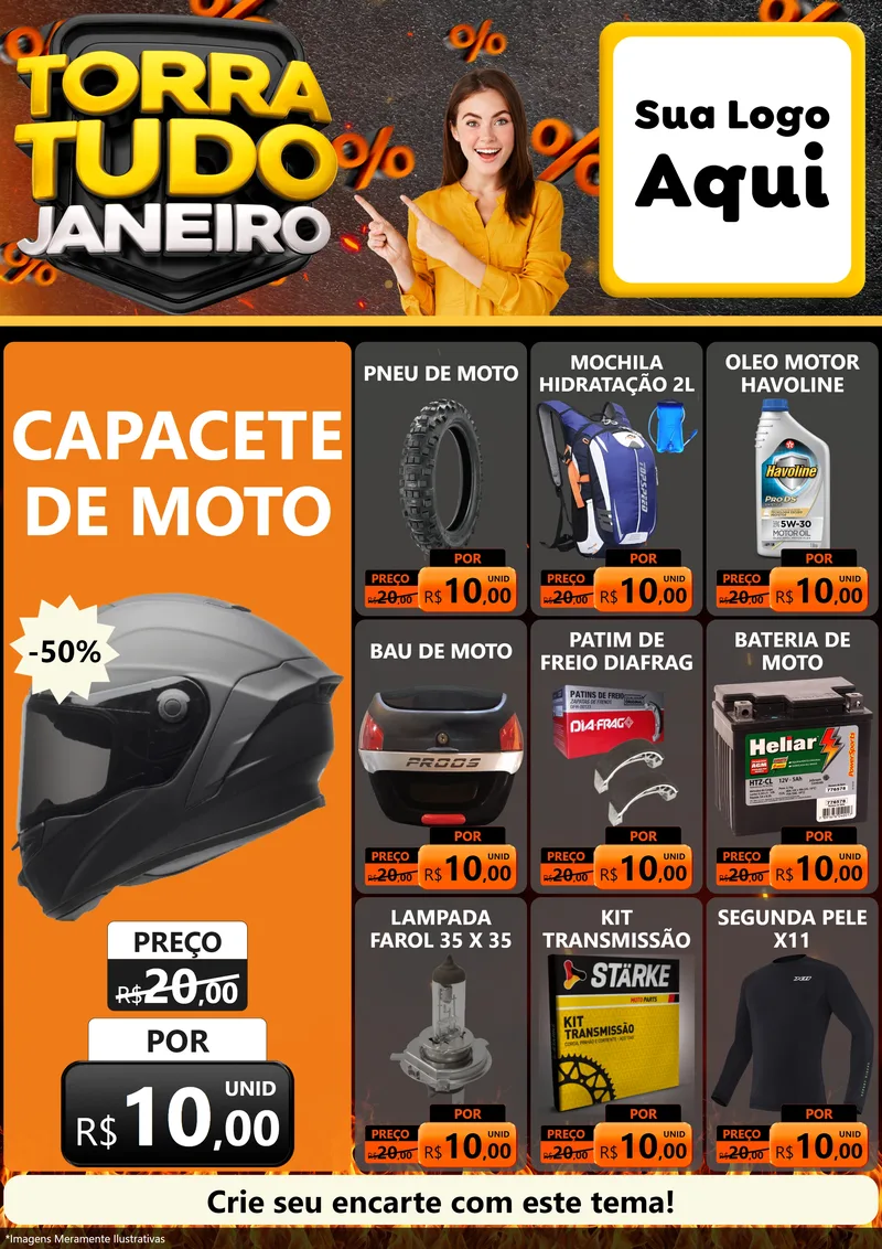 Modelo de Encarte para Encarte A4 Vertical com o tema Torra Tudo Janeiro para Moto peças