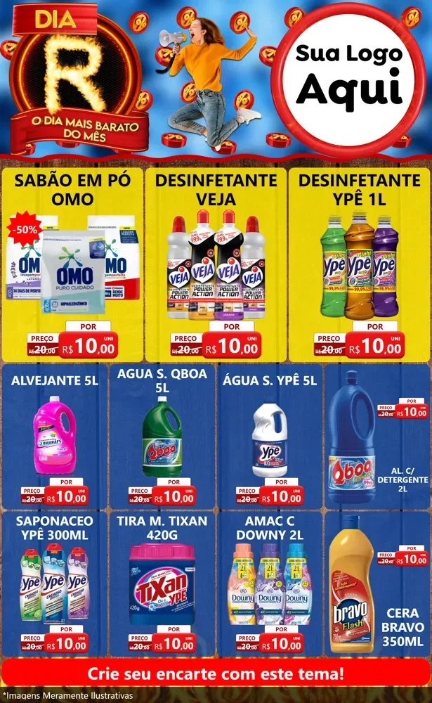 Modelo de Encarte para Encarte Grande com o tema Dia R - O Dia Mais Barato Do Mês para Produtos de Limpeza