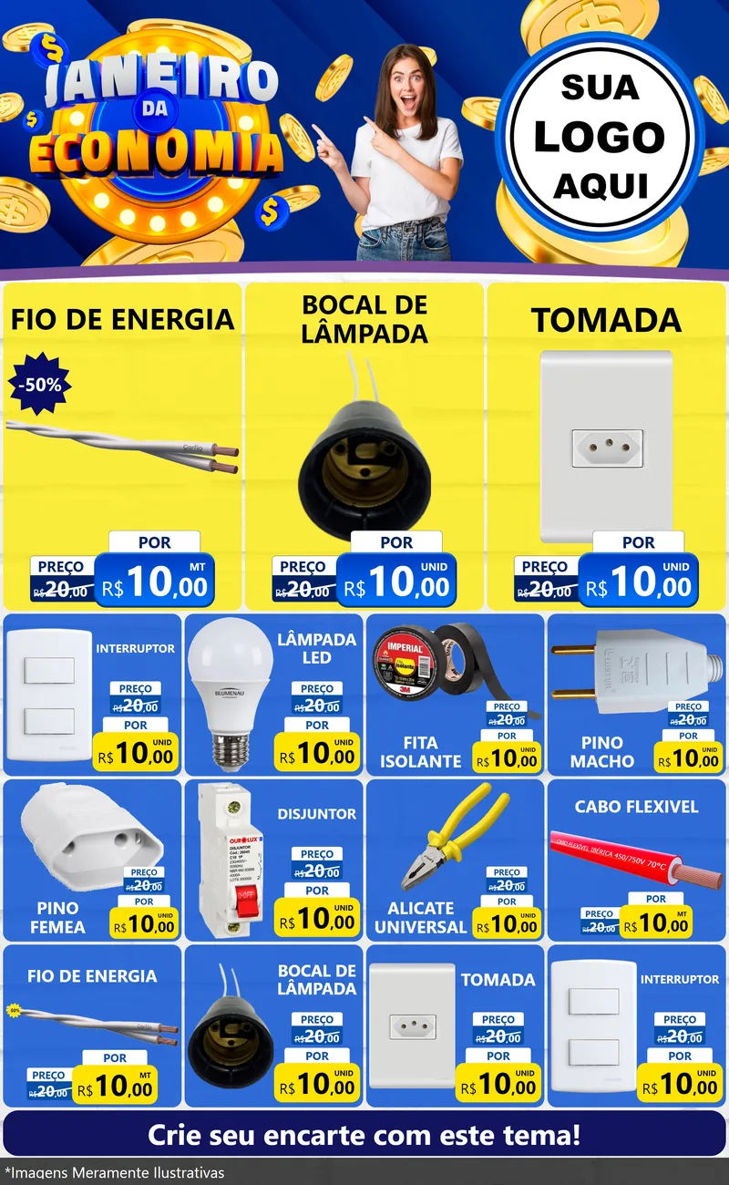 Modelo de Encarte para Encarte Grande com o tema Janeiro da Economia para Materiais Elétricos