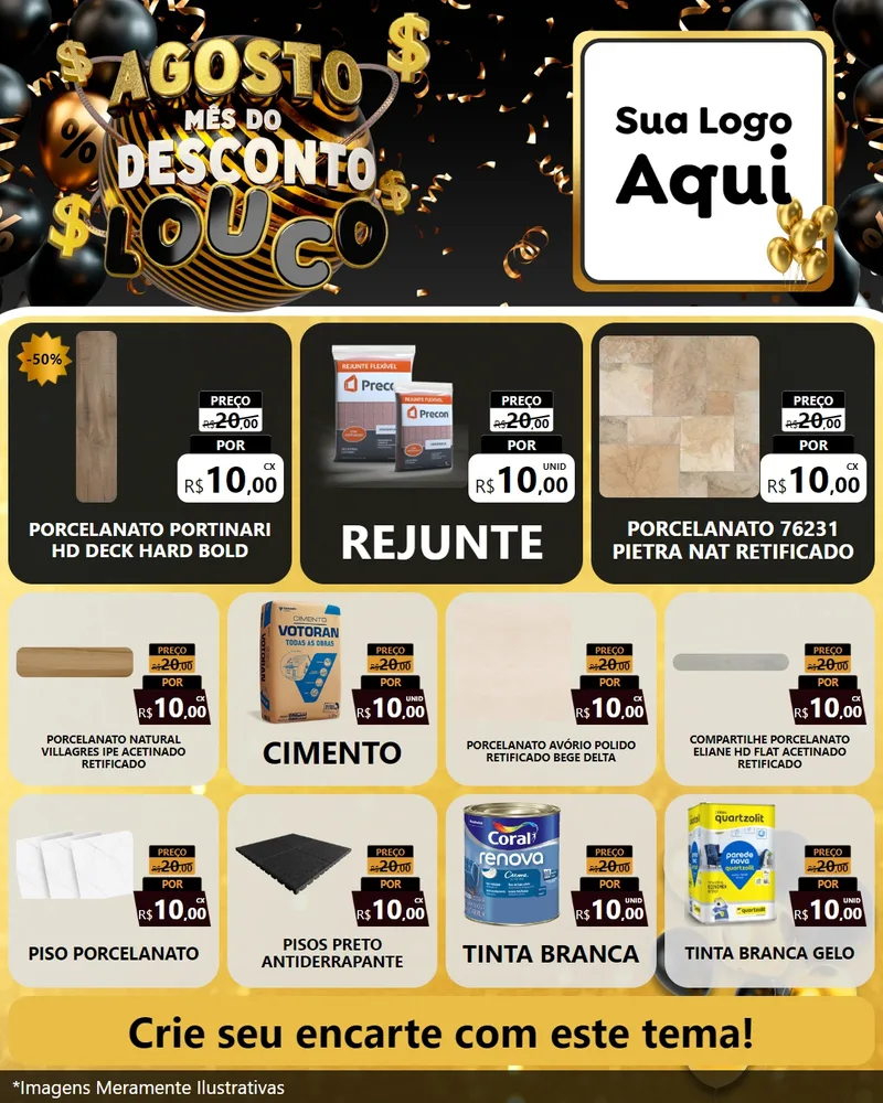 Modelo de Rede Social para Feed Instagram com o tema Agosto Mês do Desconto Louco para Pisos e revestimentos