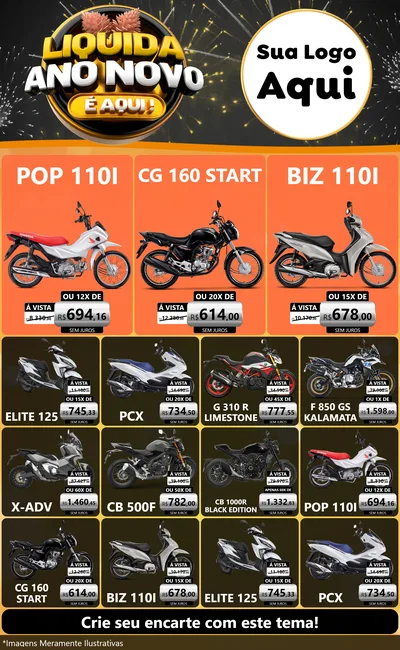 Modelo de Encarte para Encarte Grande com o tema Liquida Ano Novo É Aqui! para Concessionaria de Motos