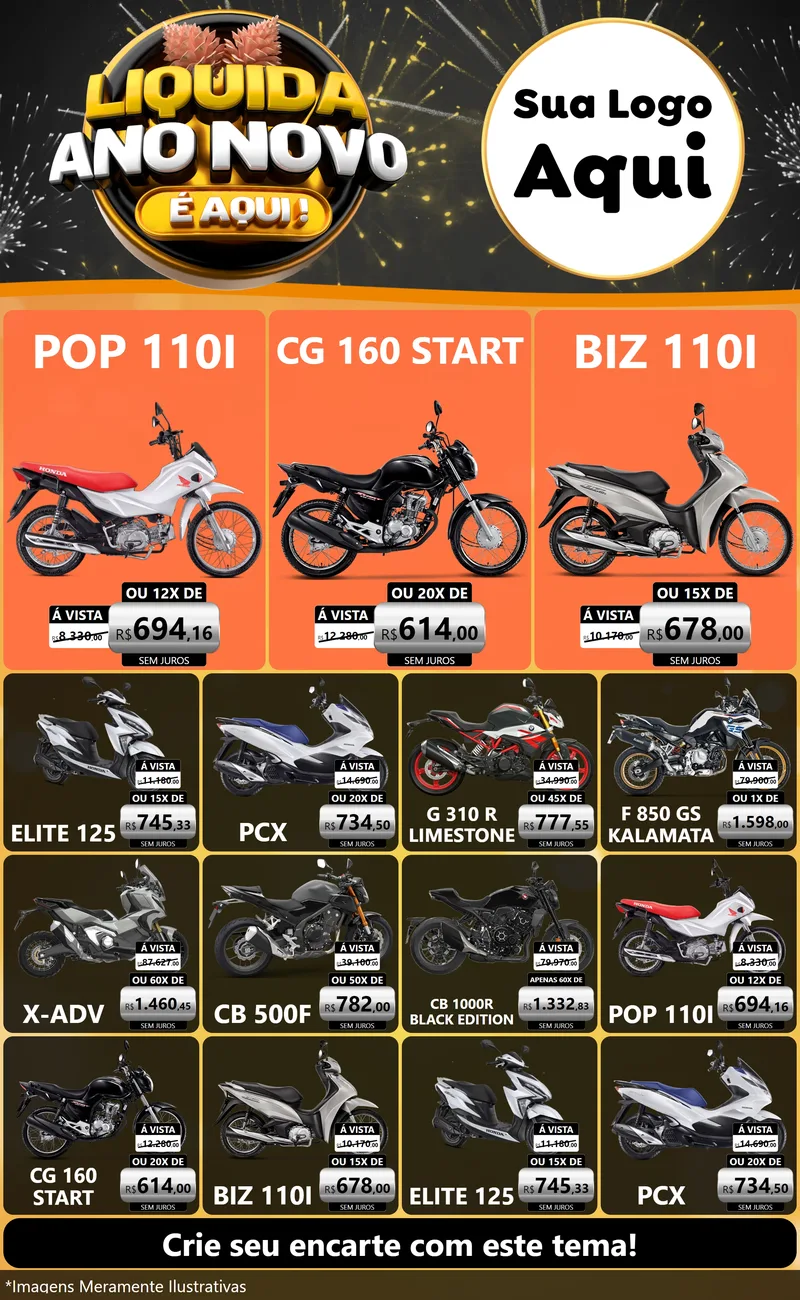 Modelo de Encarte para Encarte Grande com o tema Liquida Ano Novo É Aqui! para Concessionaria de Motos