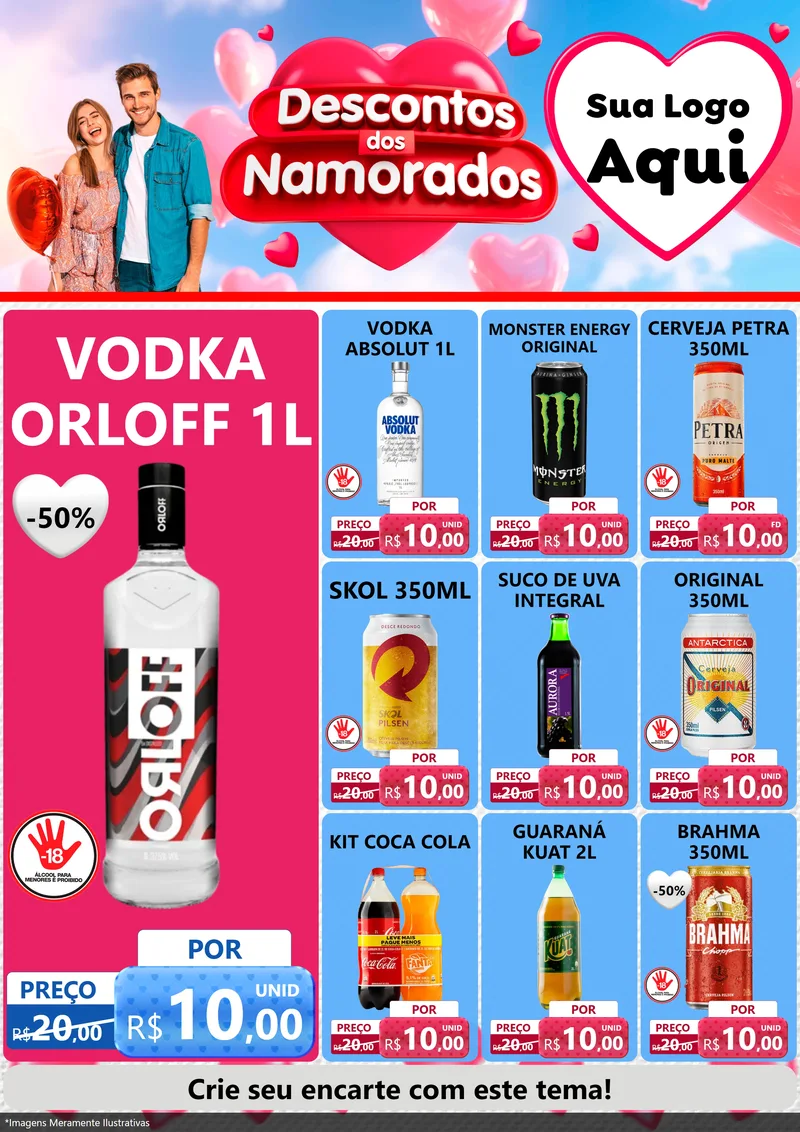 Modelo de Encarte para Encarte A4 Vertical com o tema Descontos dos Namorados para Distribuidora de bebidas