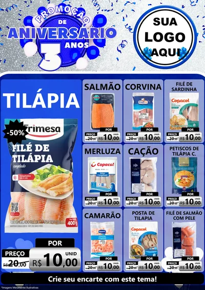 Modelo de Encarte para Encarte A4 Vertical com o tema Promoção de Aniversário - 3 Anos para Peixaria