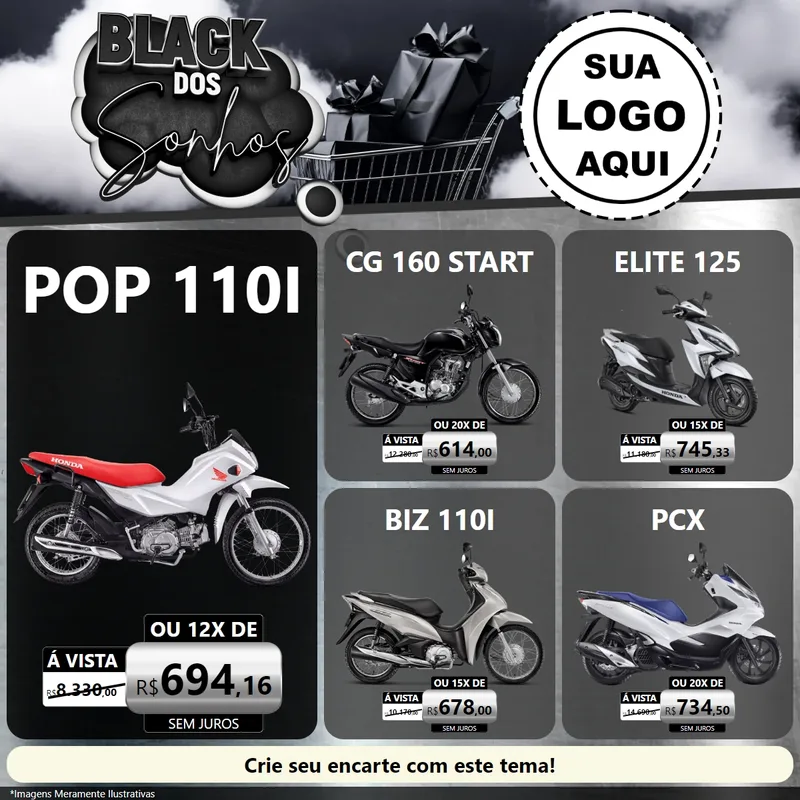 Modelo de Rede Social para Feed Facebook com o tema Black dos Sonhos para Concessionaria de Motos